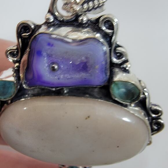 Handmade Silver Pendant with White Jasper, Sugilite & Emerald Accents - Picture 8 of 10